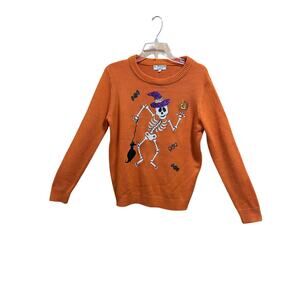 Halloween Poof Orange Skeleton Sweater - Women’s Size S